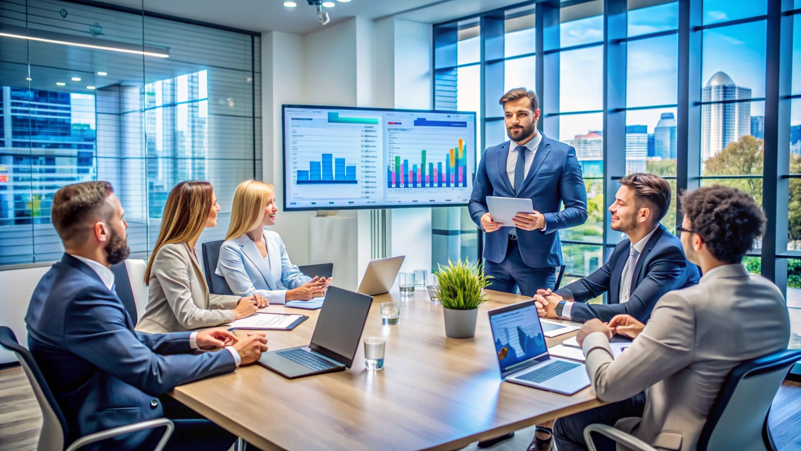 Business people in a meeting room discussing charts.