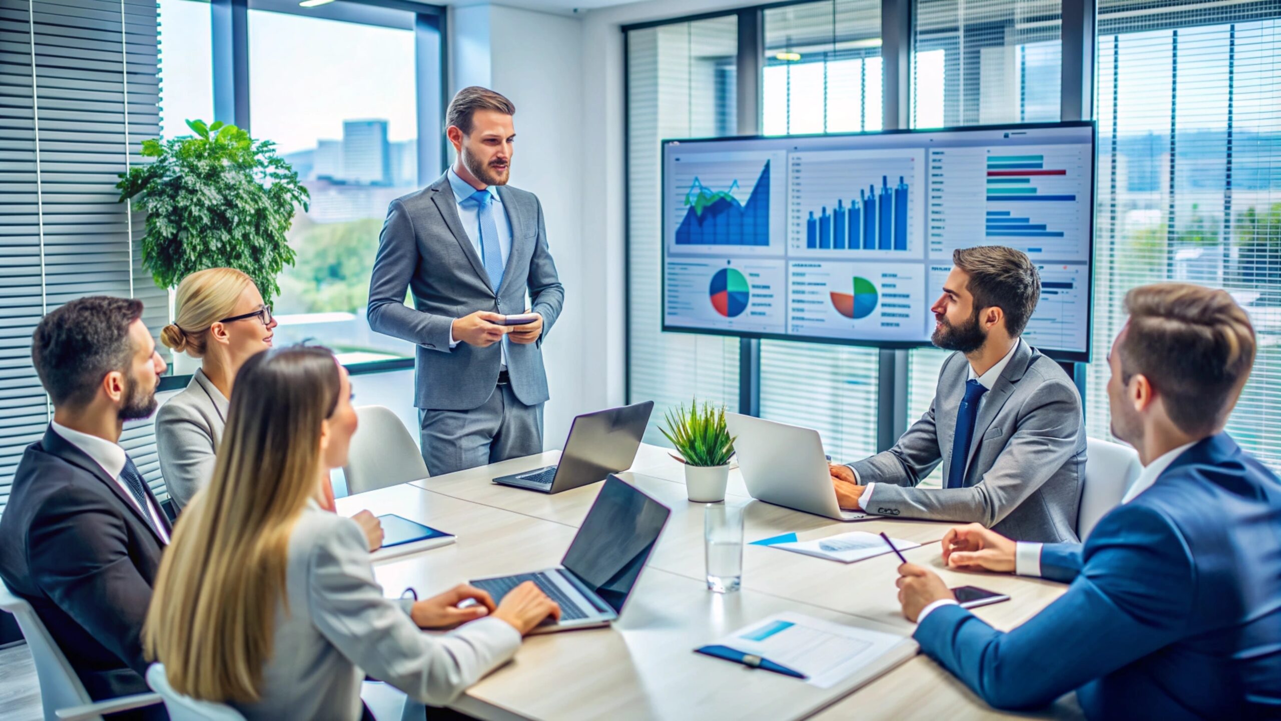Business meeting in an office with a presentation.