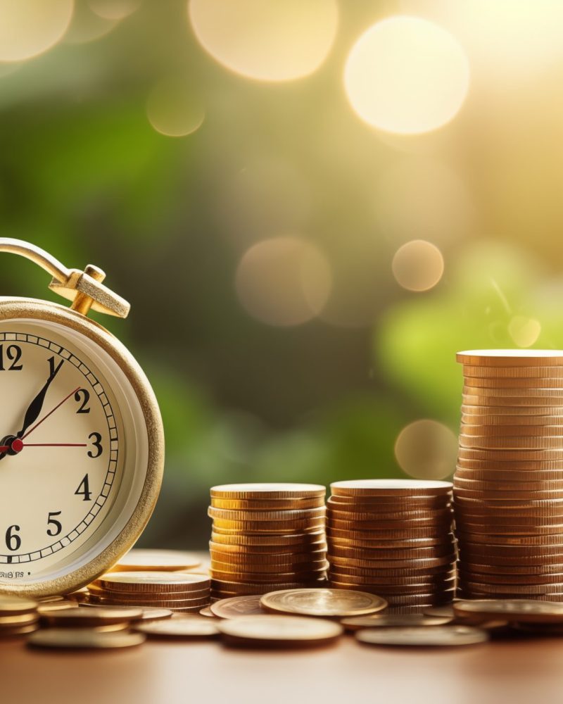 savings for the future concept with coin house and an alarm clock, in the style of bokeh panorama, botanical accuracy, #vfxfriday, uhd image, folk/naïve:, associated press photo, 1970–present --ar 29:16